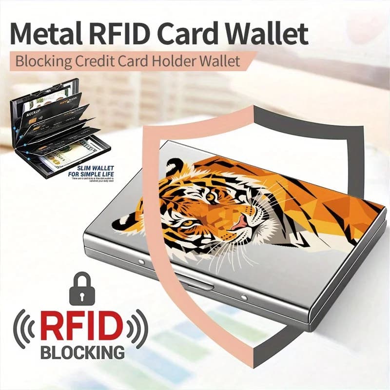 Design con motivo Tiger Back - Portafoglio in metallo RFID, portafoglio da uomo e da donna, deposito sicuro per carte, accessori moda