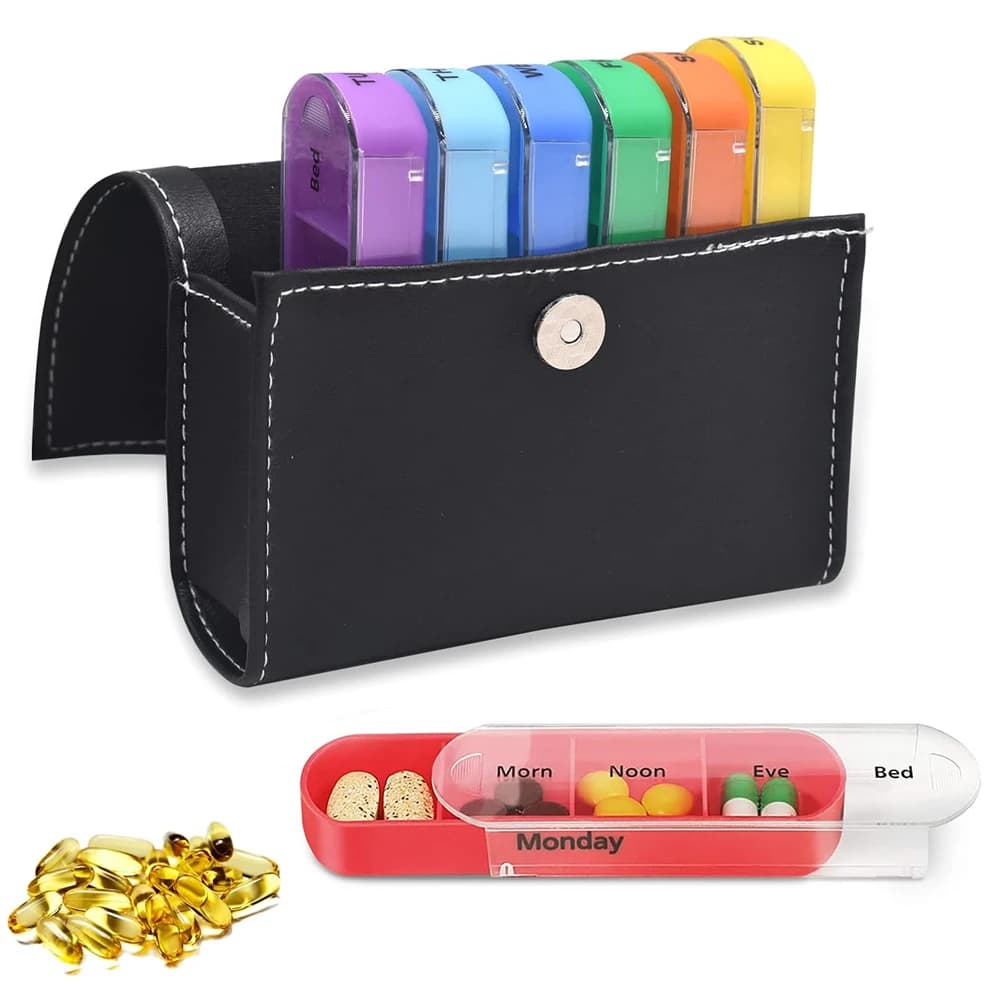 Weekly organizer for 7-day pills, vitamin holder, dispenser for supplements, medicine case, portable bag