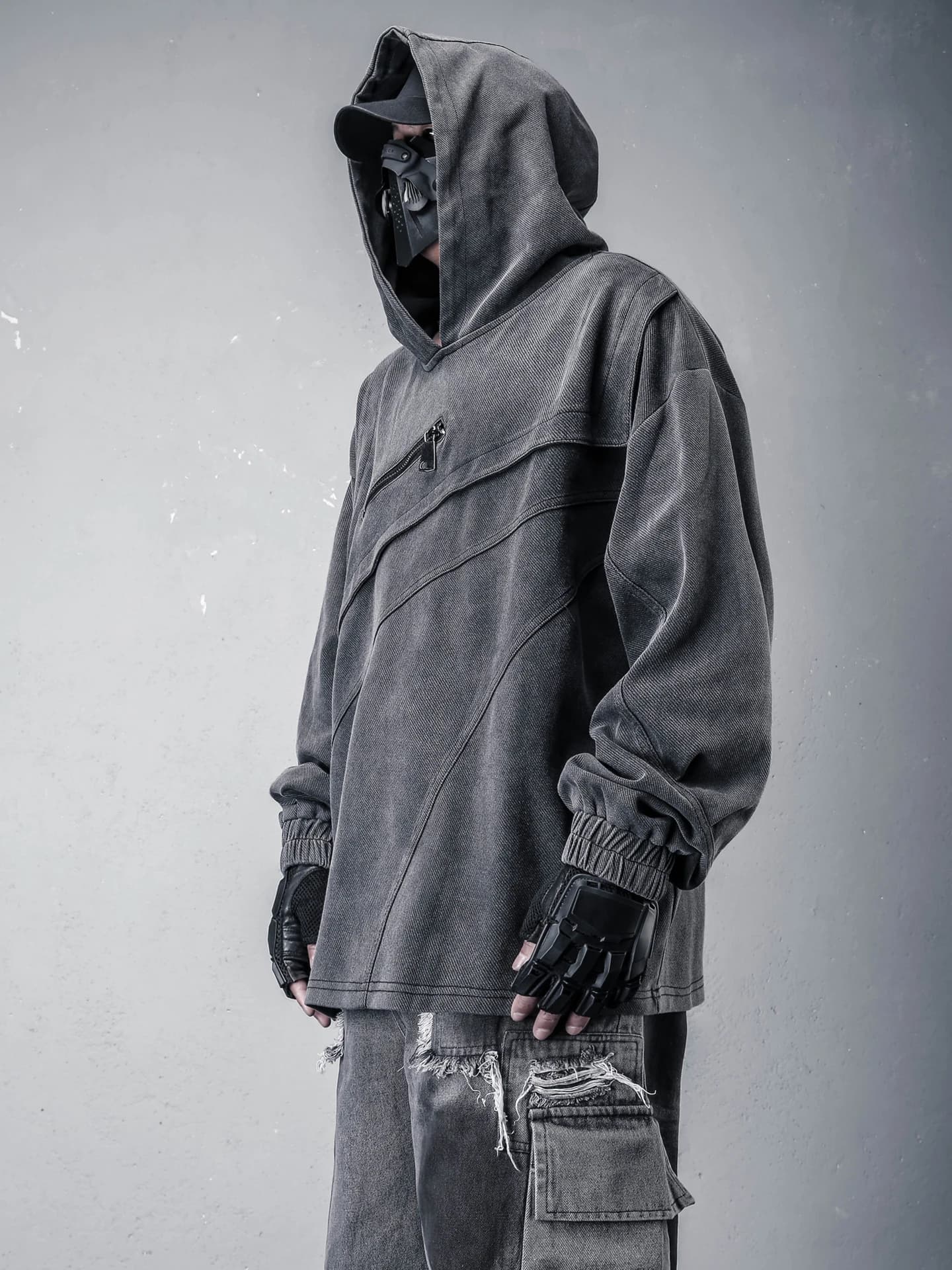Waste Soil Wind Worn Looking Washed-out Patchwork Hoodie Dark High Street Function Workwear Denim Jacket Men