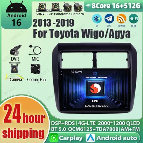 Android 16 Carplay Auto Qualcomm 2K QLED Screen Car Radio Player For Toyota WIGO 2013-2019 GPS Wifi 4G BT Stereo Multimedia DSP