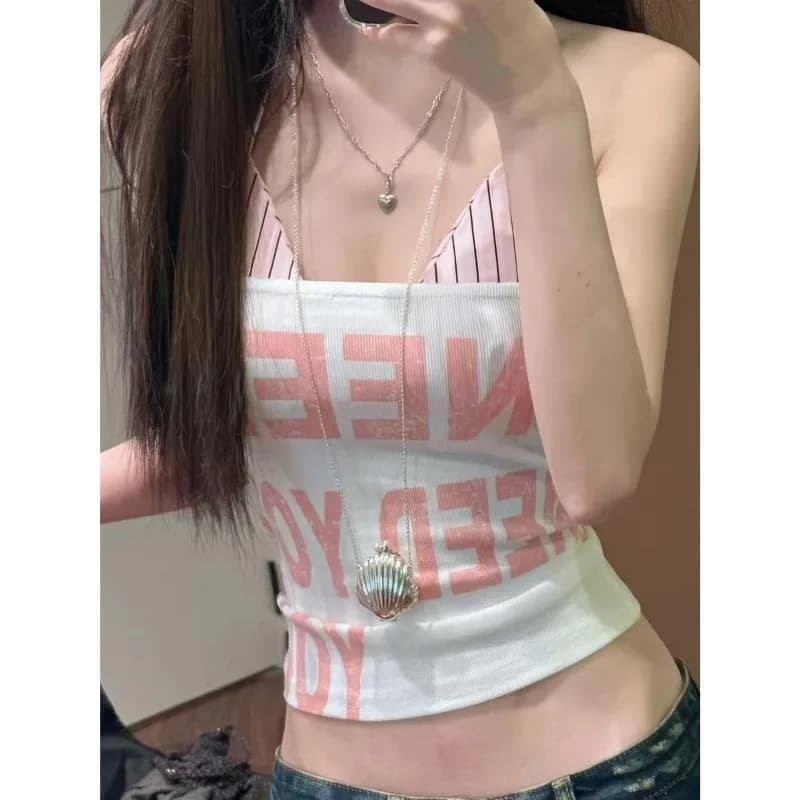 American Spice Girl Letter Printing Sleeveless Tub Top 2025 Summer Striped Neck Suspender Inner Top Two-piece Set
