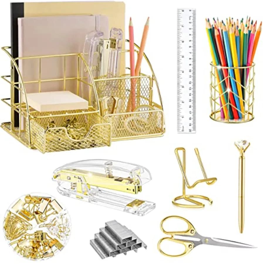 Set di Accessori per Ufficio in Oro: Organizzatori da Scrivania, Graffettatrice, Portapenne, Supporto Telefono, Forbici, Righello, 30 Graffette, 22 B