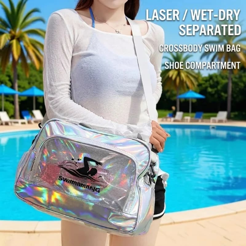Borsa a Tracolla Olografica per Nuoto con Scomparto per Scarpe, Impermeabile, per Spiaggia, Viaggio, Doccia, Fitness, con Separazione Asciutto/Bagnato, Borsa da Palestra