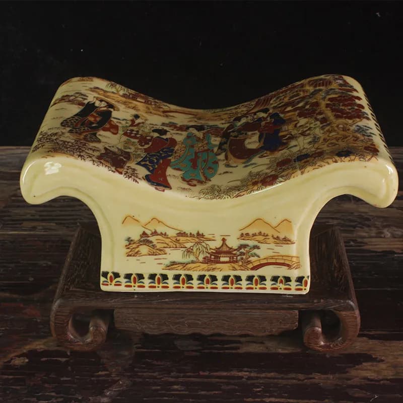 Jingdezhen Antique Porcelain Ingot Pillow - Maid Figure Pattern Ceramic Ornament, Chinese Style Home Decor Display