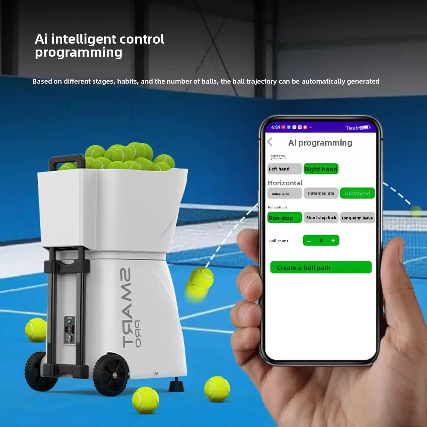 PT-Smart Pro Macchina Intelligente per il Lancio Automatico di Palline da Tennis, Attrezzatura per Allenamento Individuale, 115 Palline