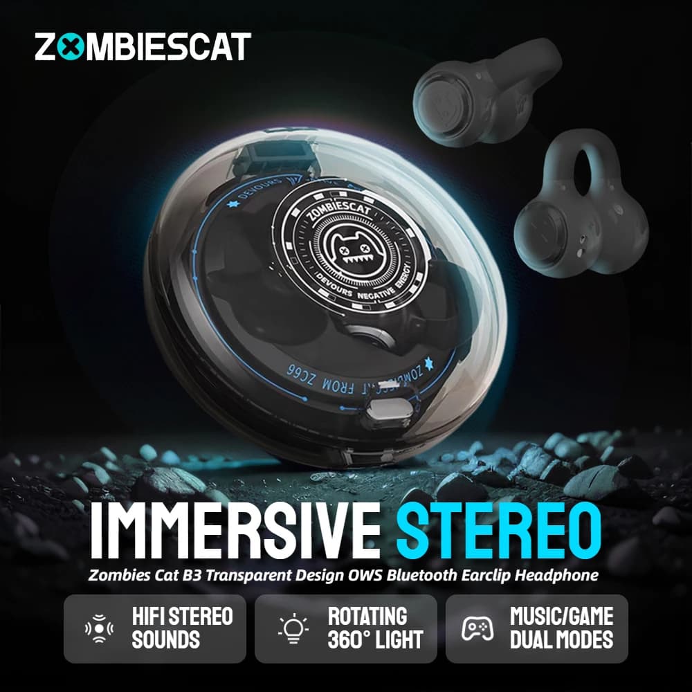 Zombiescat B3 OWS Auricolari Wireless con Clip per Orecchio, Design Trasparente, Cuffie Bluetooth Senza Fili, Auricolari TWS Stereo HiFi