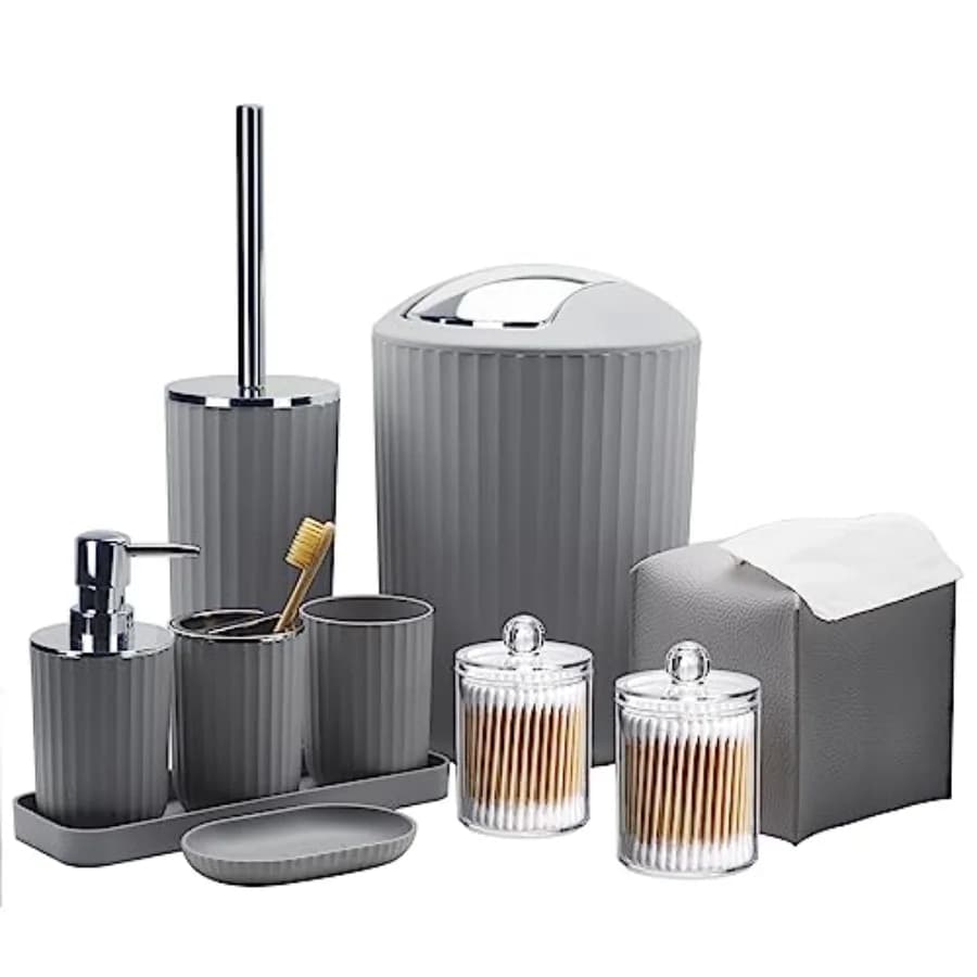 Set di Accessori per il Bagno - 10 Pezzi con Cestino, Portaspazzolino, Porta Bicchiere, Dispenser Sapone, Portasapone e Porta Articoli da Toilette