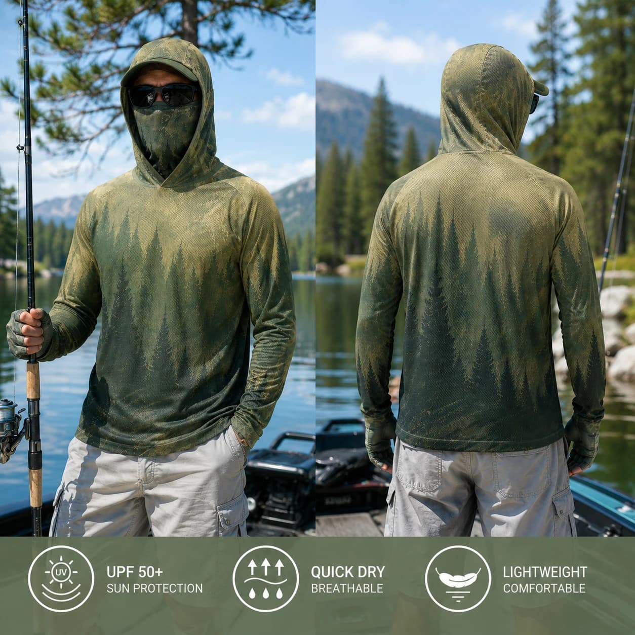 UPF50+ Sun‑Protective Men Fishing Hoodie Forest Mountain Tree Pattern Face Gaiter Quick Dry Lightweight Fishing Tee