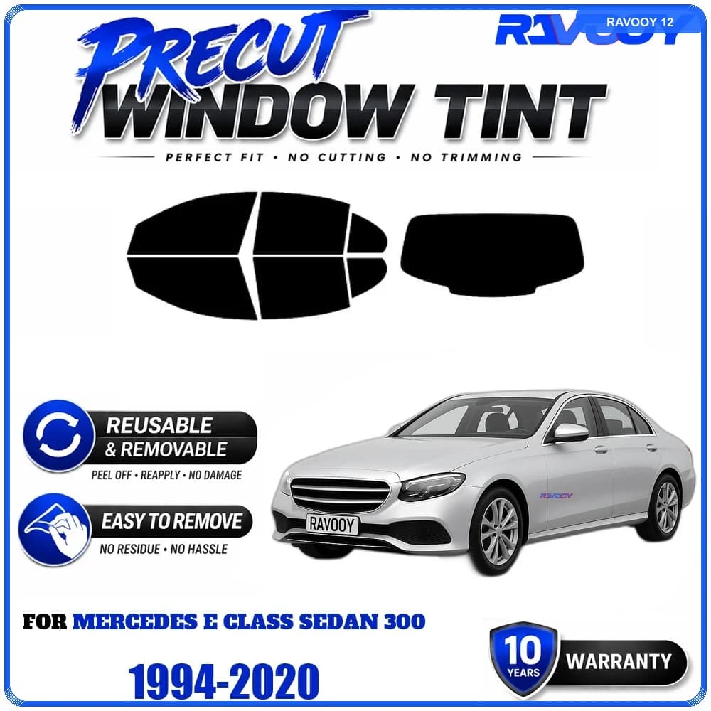 RAVOOY Precut Window Tint, Reusable Removable EPU Film, Custom Fit for Mercedes E Class Sedan 300 1994-2020, UV Heat Protection