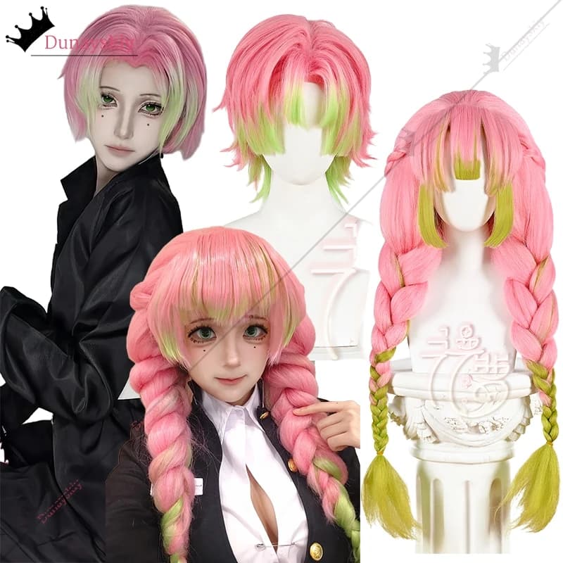 Anime Kanroji Mitsuri Costume Cosplay Parrucca Soffice Rosa Verde Sfumato Parrucca Mitsuri Genere Transizione Parrucca Lunga/Corta Gioco di Ruolo