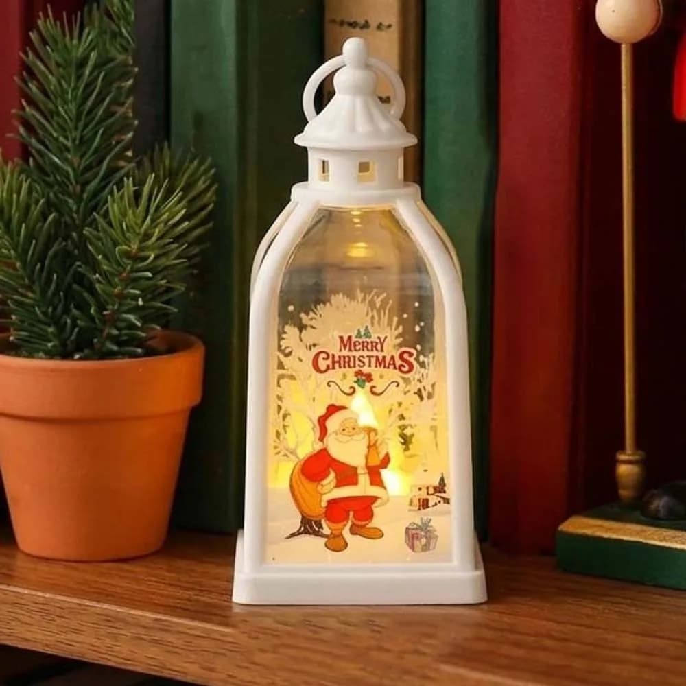 Warm Glow Christmas Lantern Plastic Shell Hanging Ring Xmas Night Light Lightweight Design Printed Pattern LED Candle Lamp