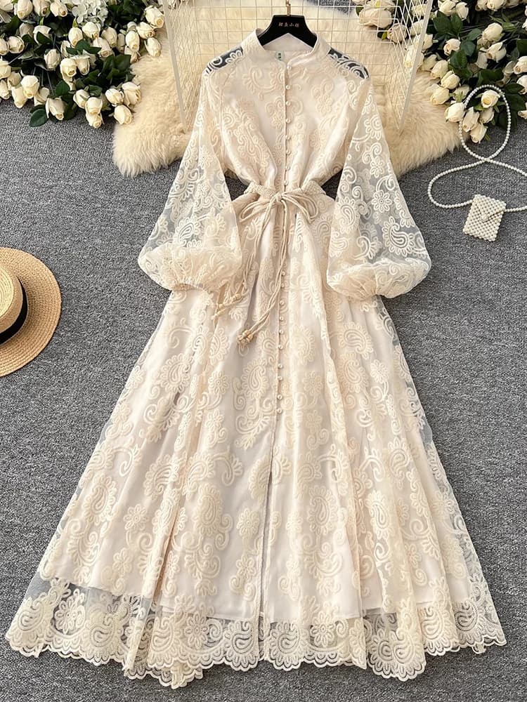 Spring Summer European American Stand Up Collar Single Breasted Lace Dress Women Elegant Embroidery Large Swing Long Dress C205