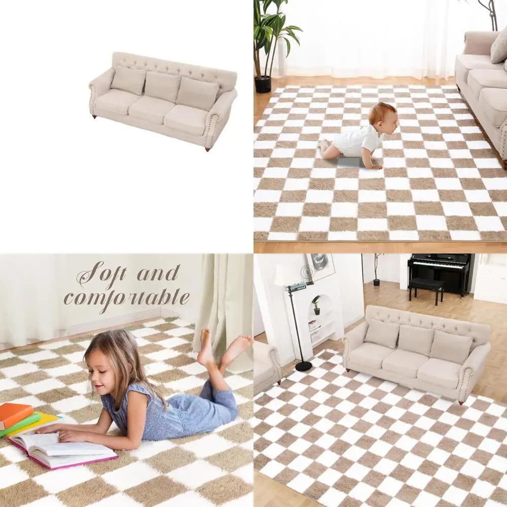 Luxurious Shaggy Carpet in Beige Square and White 8x10 - Soft and Soft Anti-slip Carpet for Home Furniture