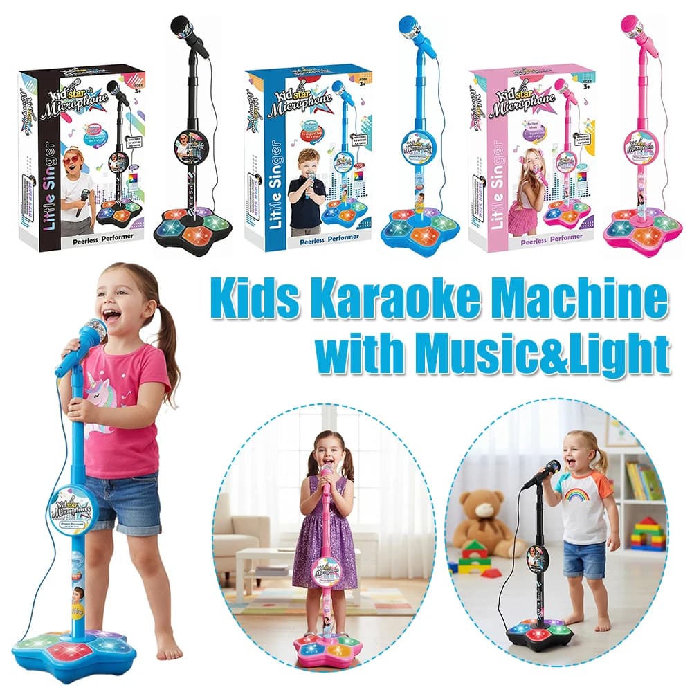 Microfono per bambini con supporto regolabile, supporto per microfono per bambini con musica e luci, giocattolo musicale per divertenti effetti sonori per bambini