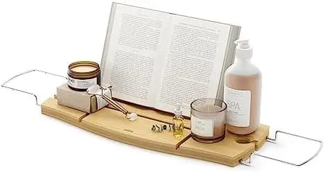 Vassoio da bagno allungabile Aquala con portabicchieri e supporto per libri – Naturale