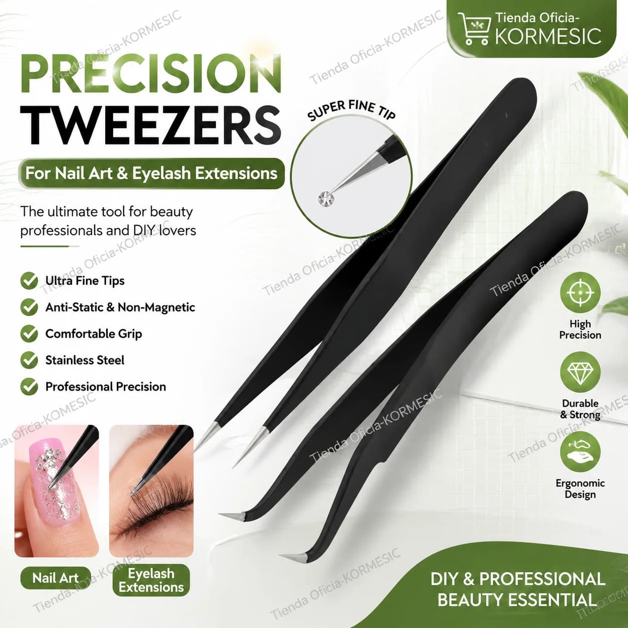 Black Precision Grips for Nail Art and Extension Eyelashes, Beauty Tools