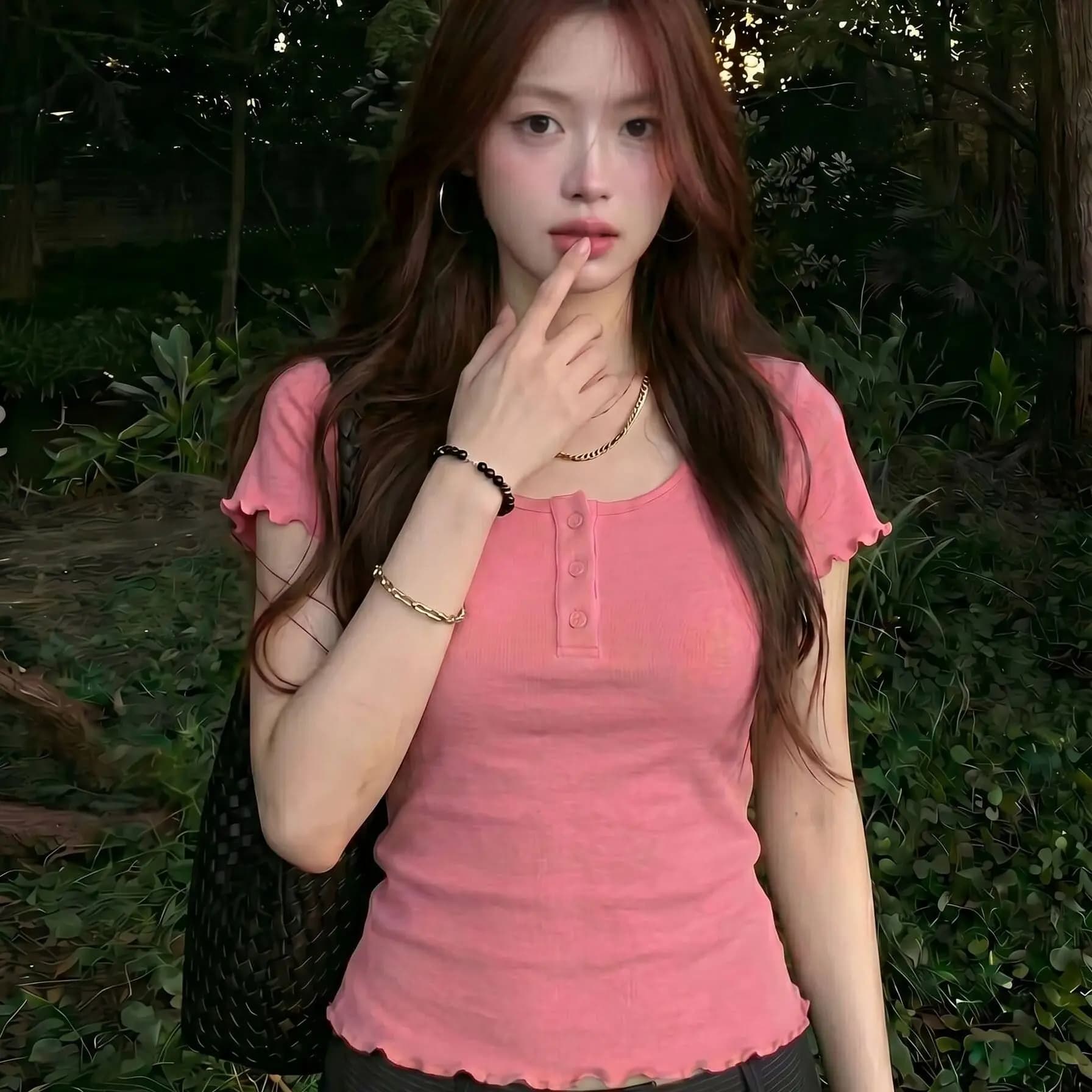 Korean Style Simple Daily Short Sleeve T-Shirt Women Summer New U-Neck Slimming Versatile Top Button Shoulder Fit for Commuting