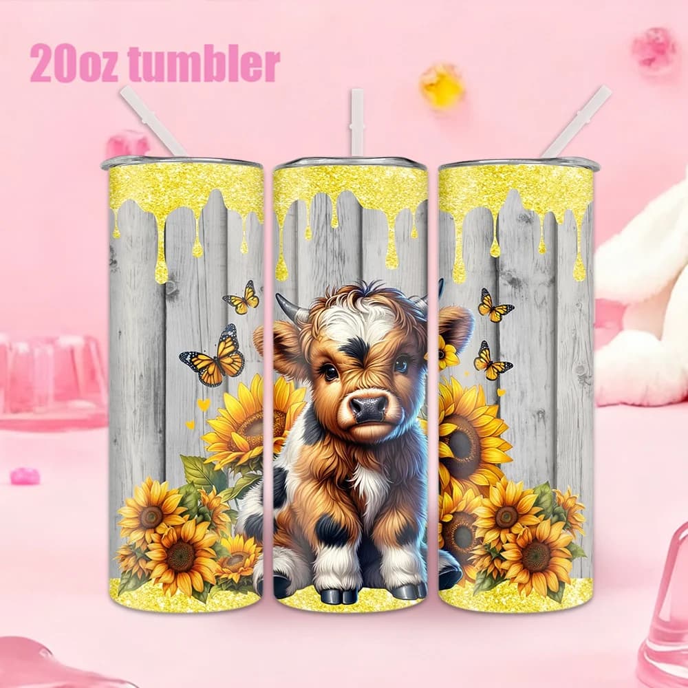 1 stainless steel water bottle with straw - Veal and sunflower motif, 20 ounces (591 ml)