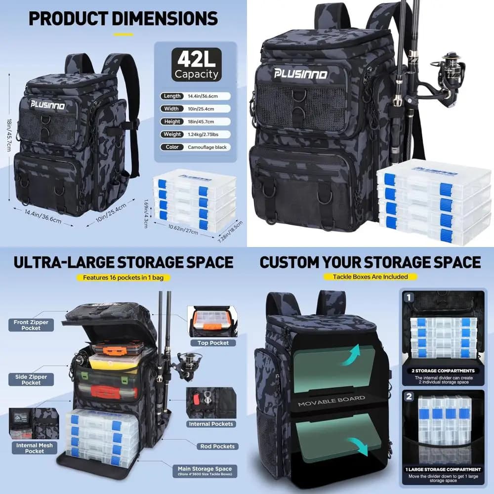 Waterproof 42L Fishing Backpack with Candle Holder and Door Tool Box for Large Equipment Storage