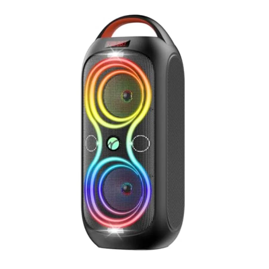 Party Bluetooth Speaker with Dual 4" Woofers, 60W Peak Power, 12H Playtime, Dynamic LED Lights, TWS, FM, AUX, USB, Mic Input, P