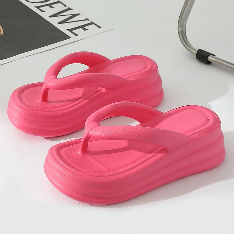 Hot Pink Thick Bottom Wedges Flip Flops Women Summer Soft Soles Platform Height Increaseing Slippers Woman Outdoor Beach Sandals
