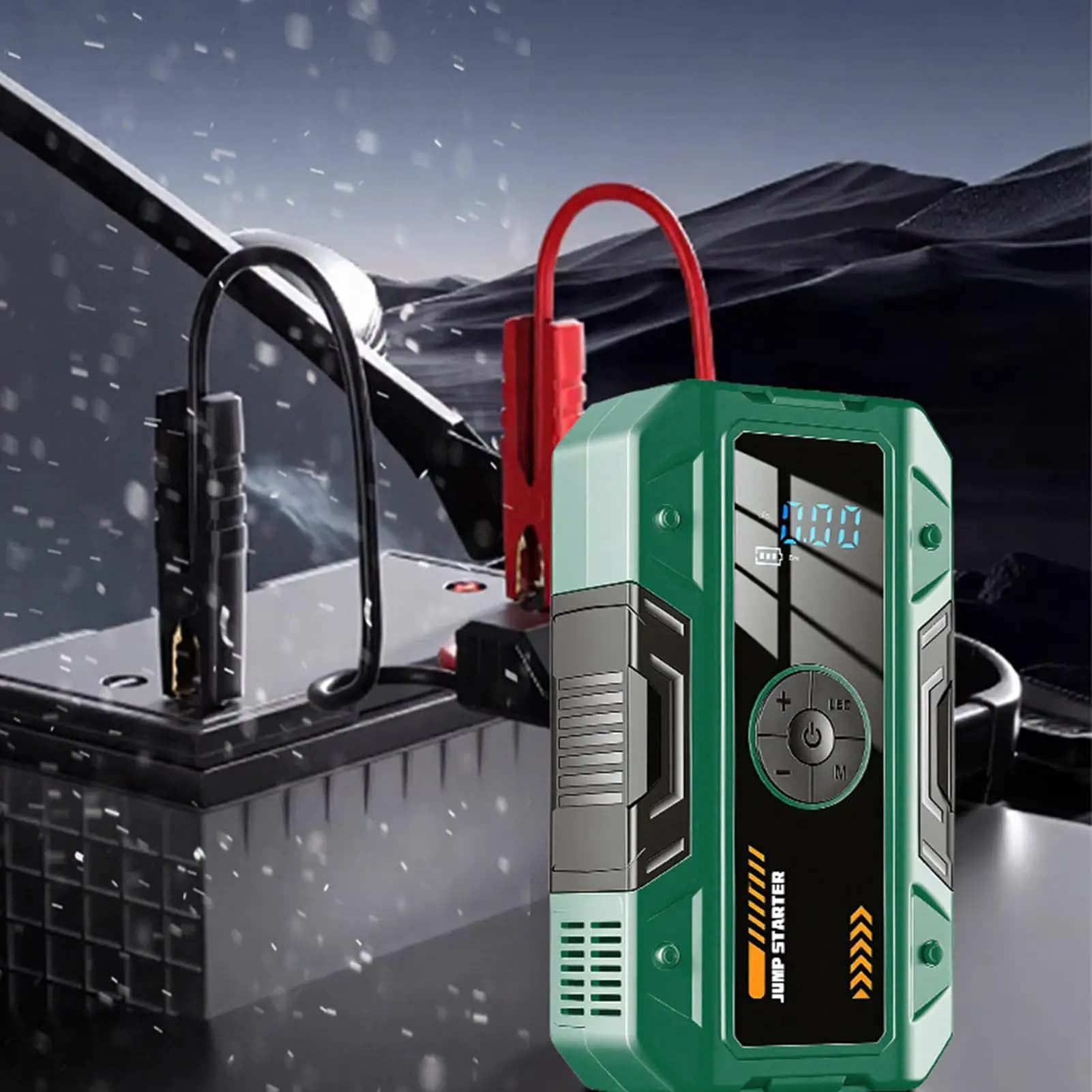 Avviatore d'emergenza per auto 2 in 1 con luce, display digitale, pompa d'aria impermeabile, power bank per veicoli, auto, moto e pneumatici.