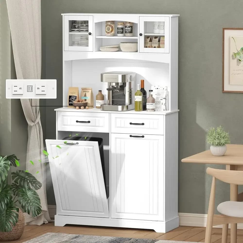 71 Tall Double 13 Gallon Trash Can Cabinet with Deodorizer and Power Outlet, White