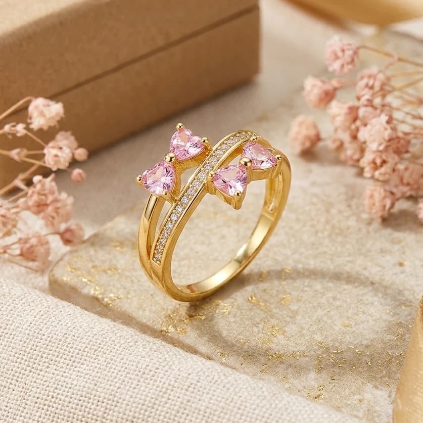 Double Bow Pink Cubic Zirconia Open Adjustable Ring Light Luxury Women Finger Ring Gift for Daily Dating Party Vacation