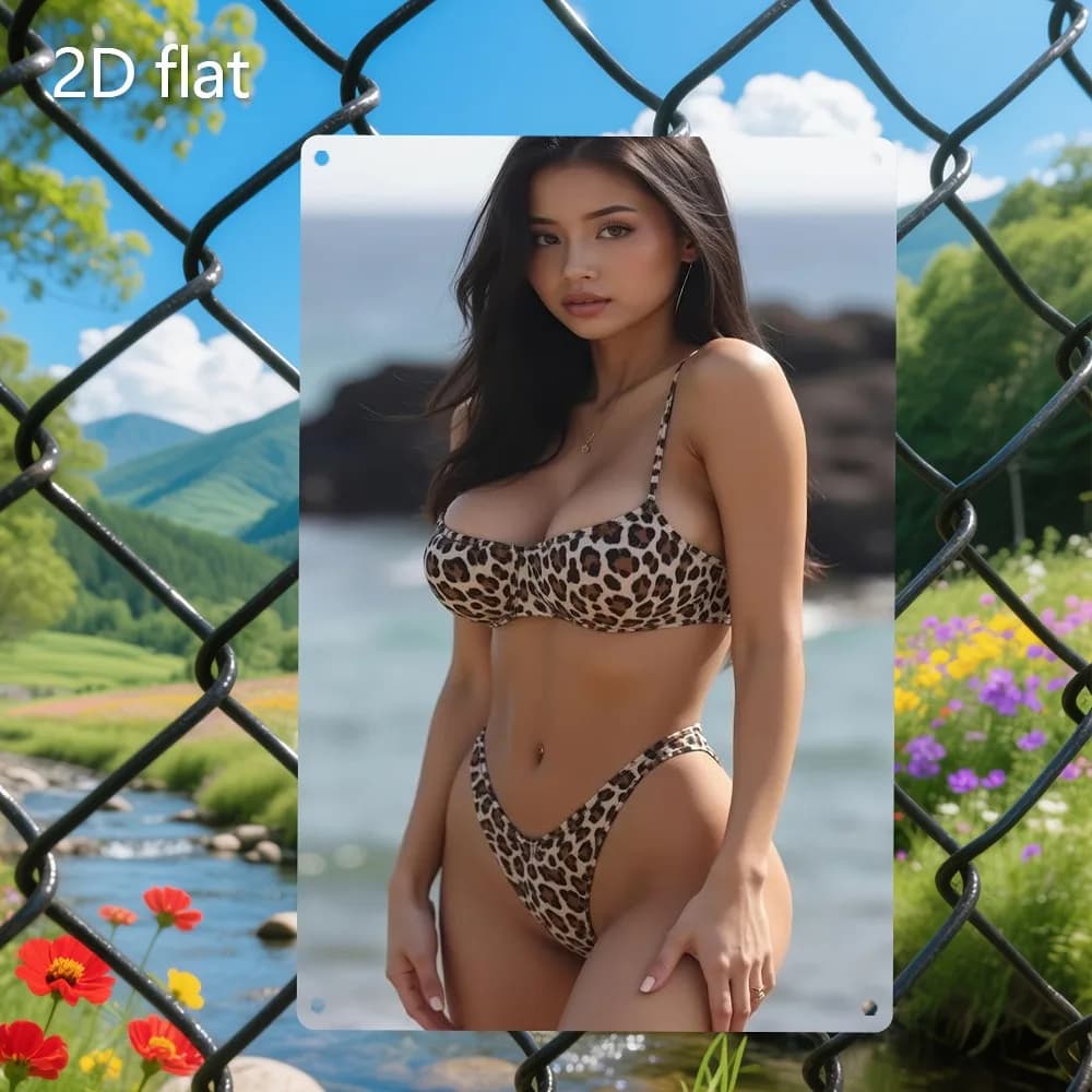 Targa in ferro piatta 2D - Placca in metallo con motivo spiaggia e bikini per casa, bar, garage, decorazione da parete preforata e resistente alle intemperie