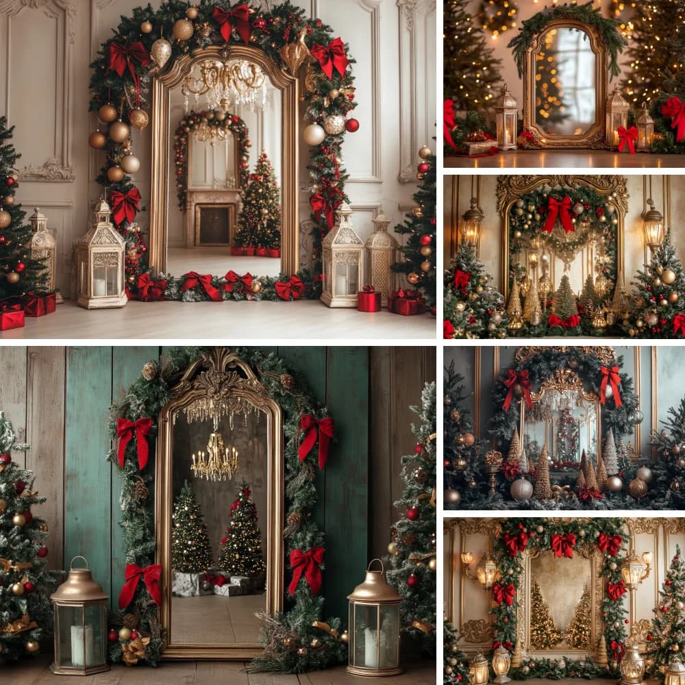 Cornice per foto di Natale dorata Sfondo Fotografia Albero di Natale Ghirlanda Lanterna Candela Fiocco rosso Sfondo Inverno Studio fotografico per bambini