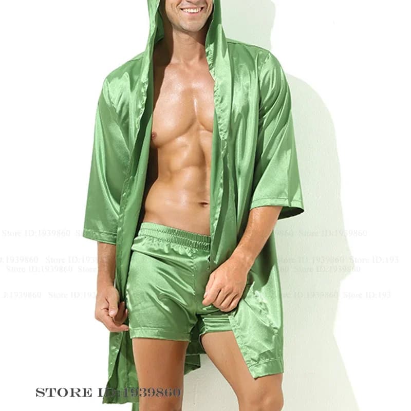 Estate Nuovo 2 Pezzi Set Vestaglia Mezza Manica Con Cappuccio Kimono Accappatoio Abito Maschile Indumenti Da Notte Pigiama Set Allentato Casual Rayon Vestiti Per La Casa