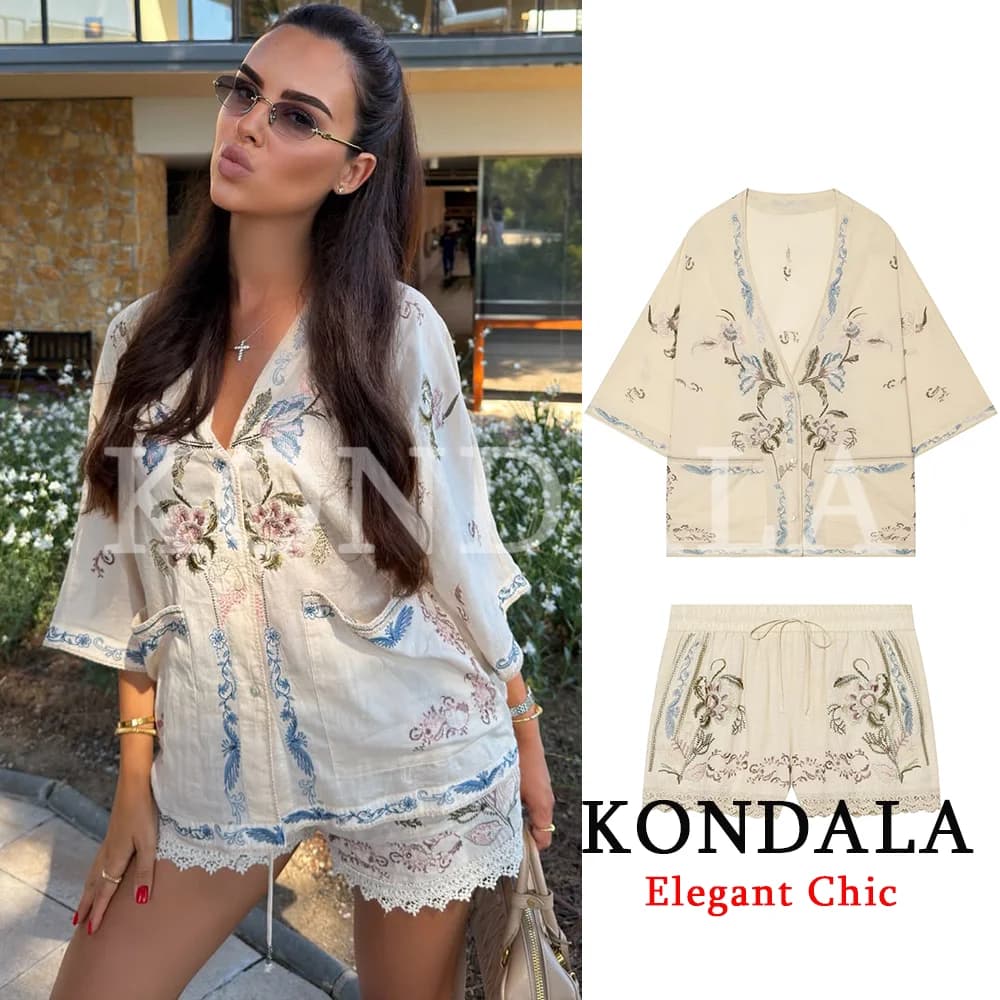 KONDALA Women Embroidered Vacation Shorts Set Loose V-neck Shirt Elastic Waist Shorts Fashion 2026 Summer Fall Leisure Lady Set