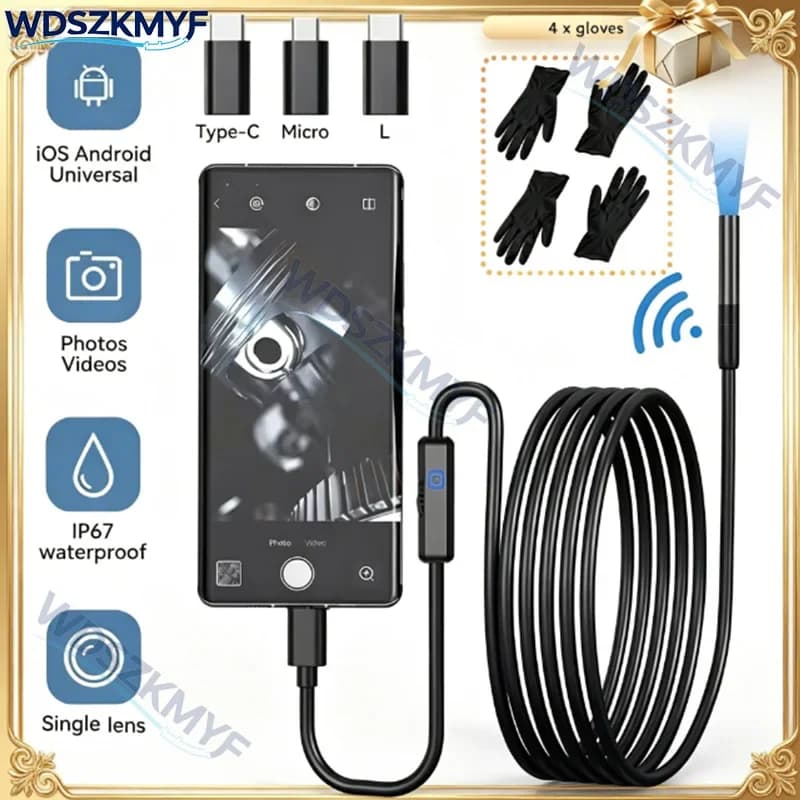 3IN1 High Definition 8mm Flexible Endoscope Borescope Camera IP67 Waterproof for Android iOS Phone Photos Videos Inspection tool