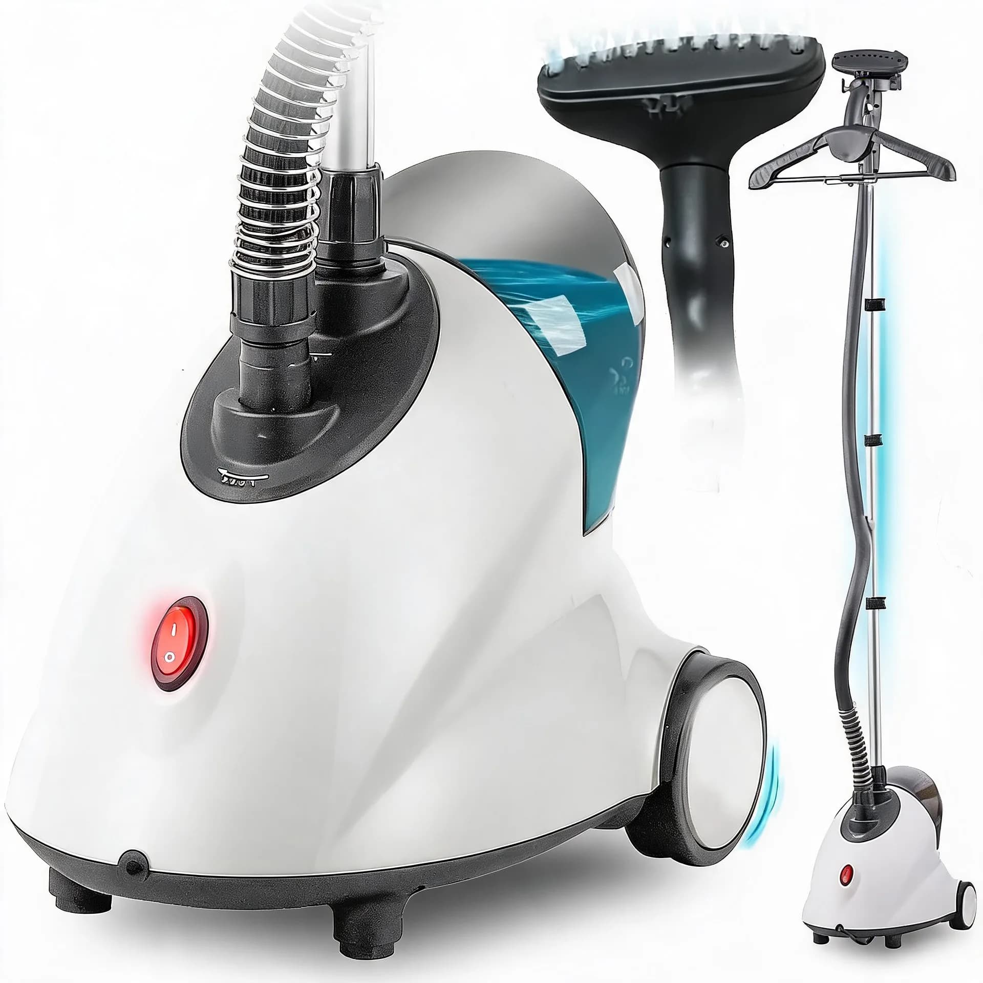 Clothes Steamer Full-Size Standing Size 1500W 1.8L Water Tank 60-Min Steam Iron Clothing Adjustable Pole Wheels for Easy Storage Professional Wrinkle Remover White