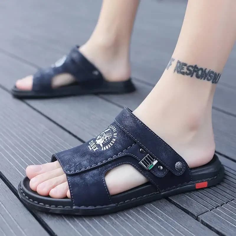 Men's Summer Leather Slides Sandals Classic Roman Shoes Slippers Soft Comfortable Men Non-slip Walking Footwear Plus Size Shoes