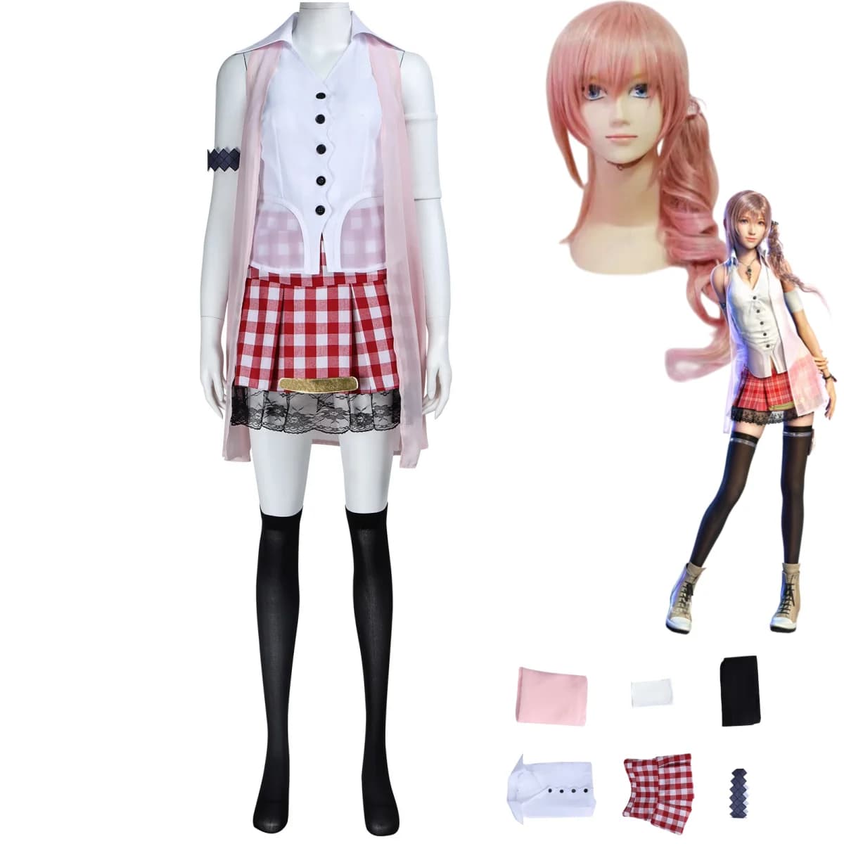 Game Final Fantasy XIII Serah Farron Cosplay Costume Grid skirt with pink shawl Wig Woman adult Sexy dress for daily leisure cute