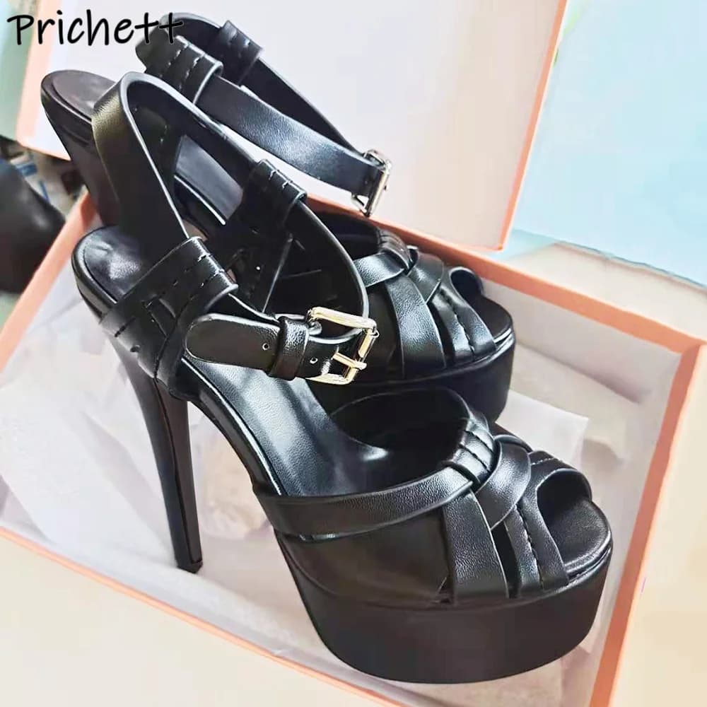Sandali con cucitura twist con plateau Peep Toe Tacchi alti neri Cinturino con fibbia Scarpe con cinturino alla caviglia Scarpe estive con tacco a spillo in pelle estiva da donna