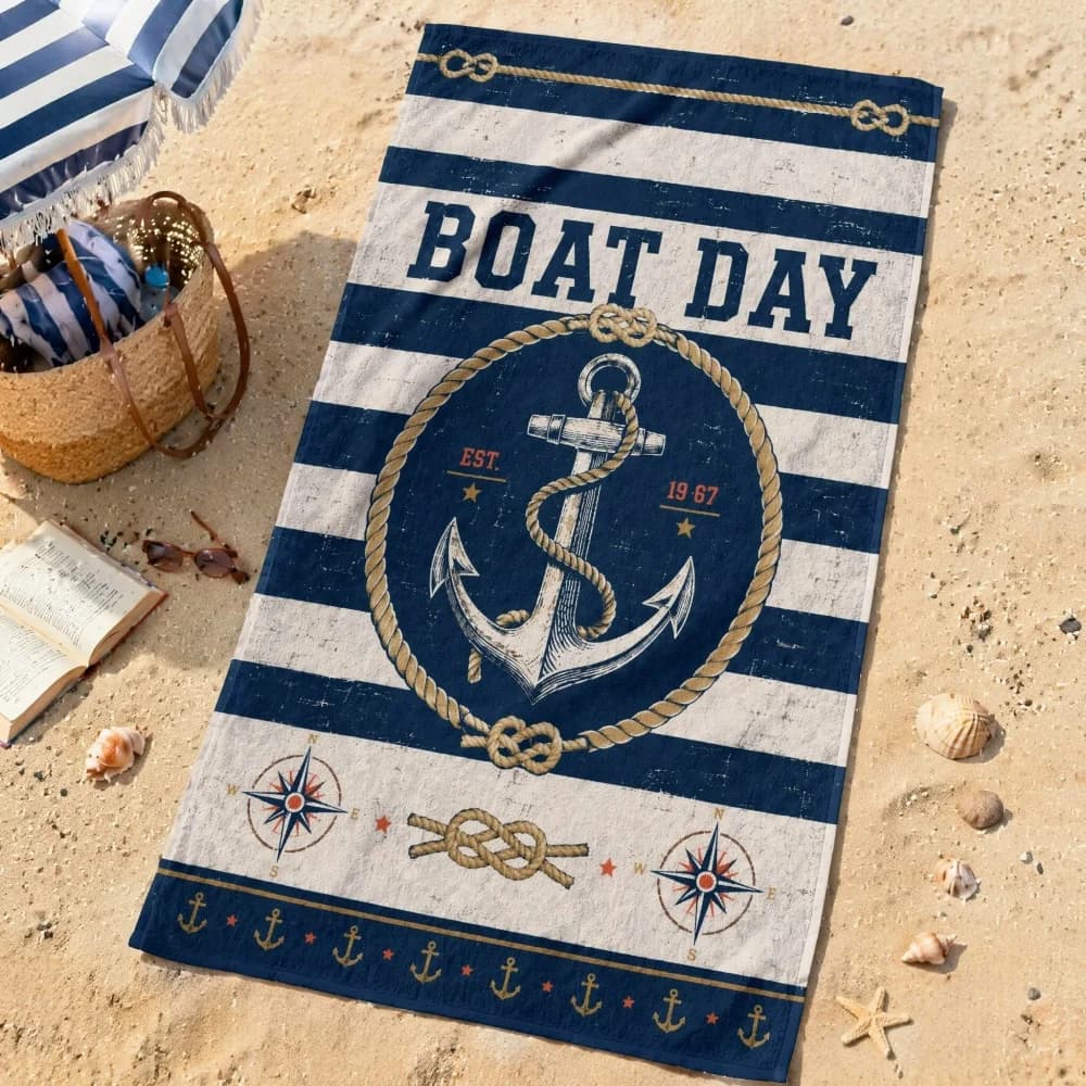 Distressed Vintage Boat Day Anchor Beach Towel, Nautical Navy White Stripe Compass Rope Microfiber Towel for Marine Lover