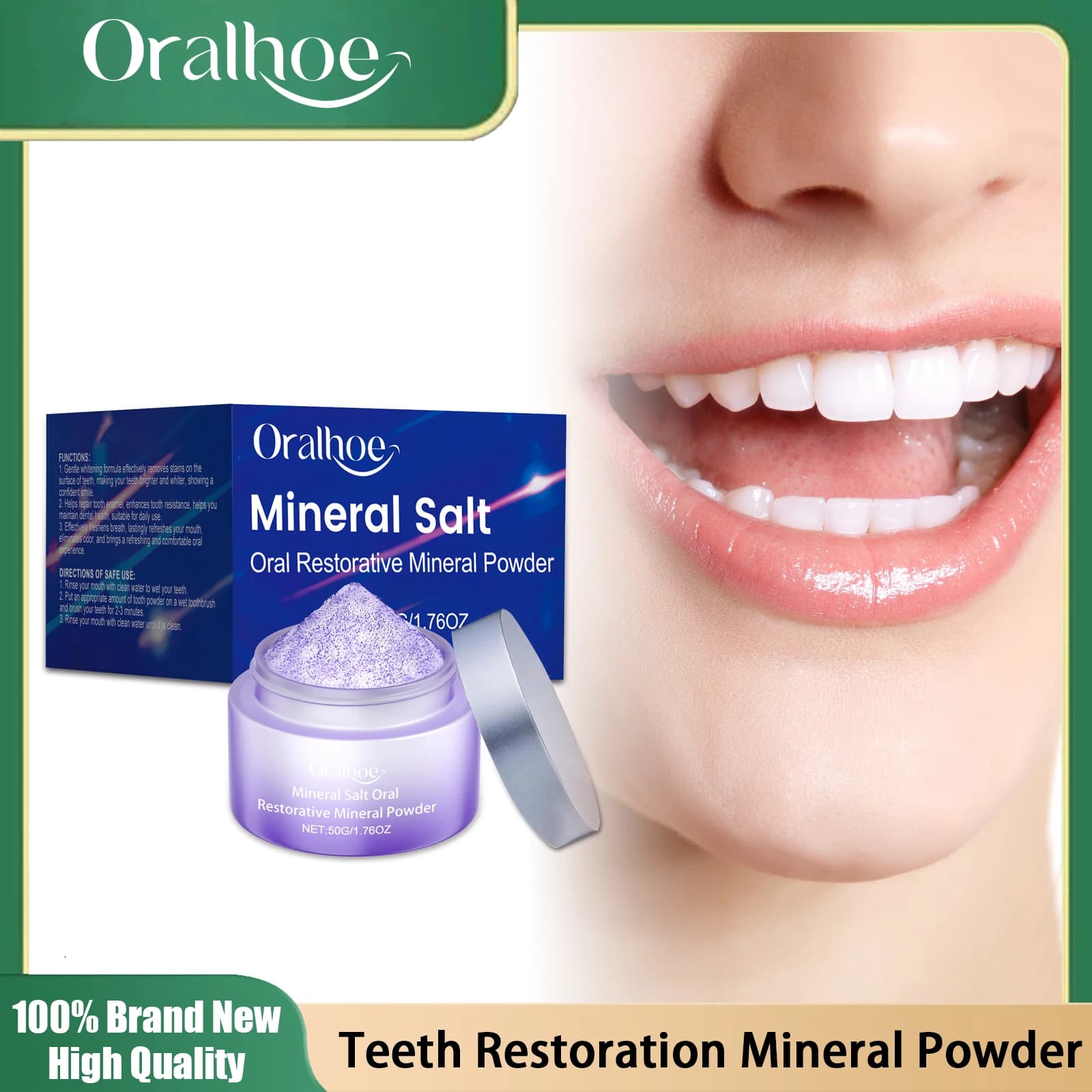 Sbiancamento dei denti in polvere Pulizia orale Migliora l'alitosi Rimuovere le macchie dentali Tartaro Proteggi le gengive Dentifricio restauro minerale