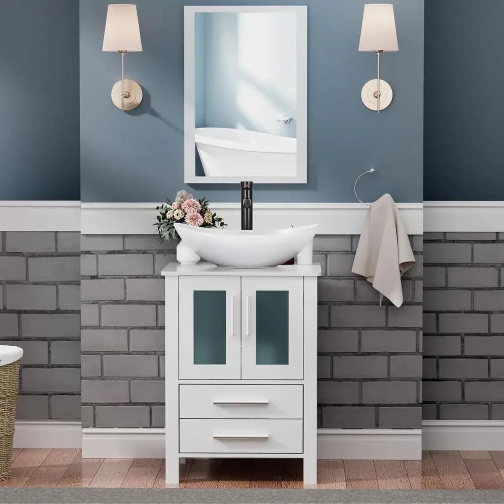 Mobile Bagno Bianco 24 Pollici con Lavabo in Ceramica, Mobiletto, Rubinetto e Vasca, Include Scarico a Scomparsa, Specchio Non Incluso