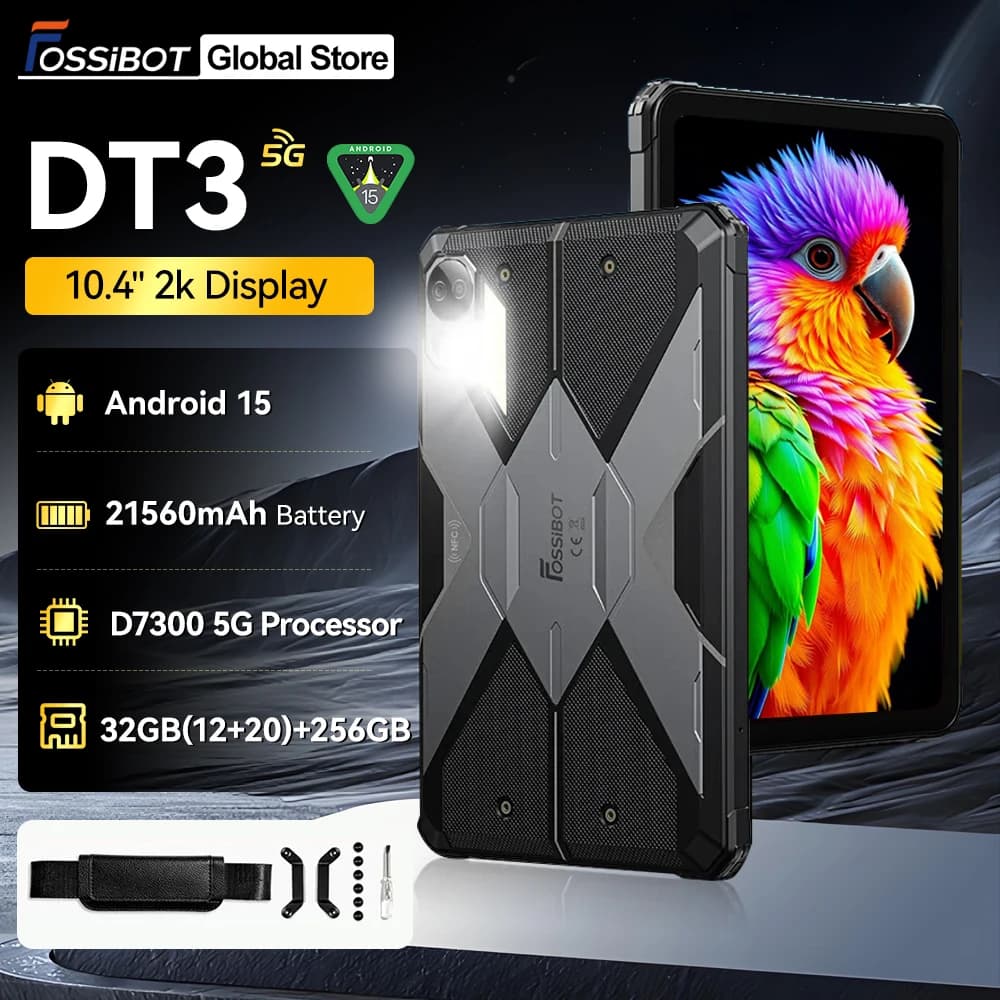 Tablet robusto FOSSiBOT DT3 da 10,4" 12 GB 256 GB 5G Android 15 OS 21560 mAh 32+64 MP 66 W FaceID NFC WIFI6 Pad