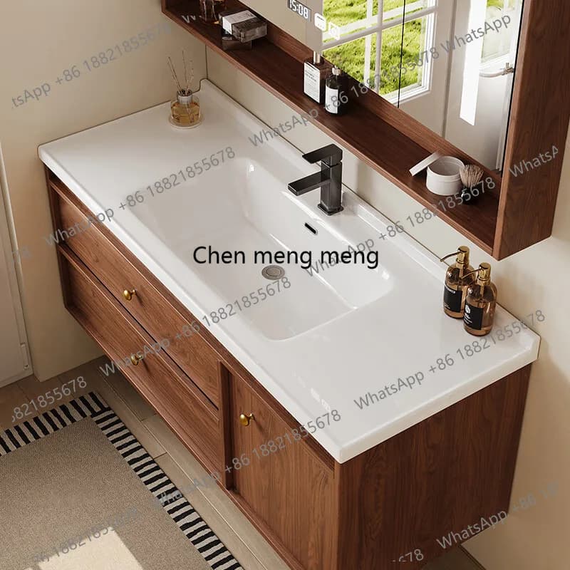 Mobili da Bagno in Stile Cinese con Lavabo Integrato in Ceramica, Armadietti e Specchio Intelligente