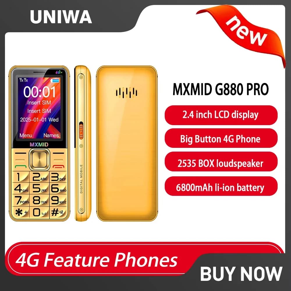 UNIWA MXMID G880 PRO 4G Caratteristica Telefono Tastiera Russa per Anziani Fronte LCD da 2.4 Pollici Grande Volume Grande Torcia Elettrica 6800mAh Batteria