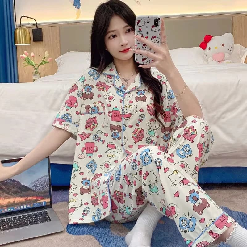 Pigiama Sanrio 3 pezzi Hello Kitty Sleepwear Pantaloncini a maniche corte Pigiama estivo Pijama Donna Abbigliamento da notte Casual Home Wear Nuovo