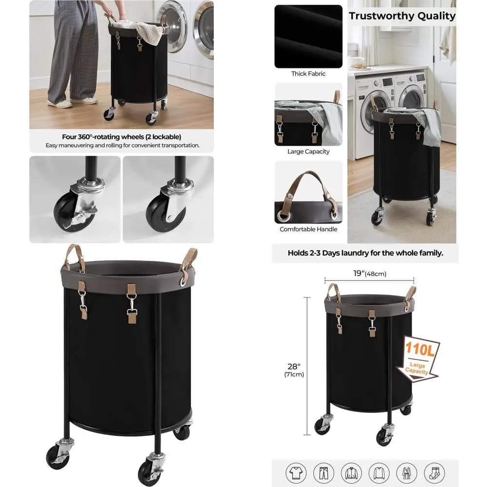 Basket with 110L Wheels, Removable Bag, Steel Frame, 4 Wheels, 2 Brakes, Black