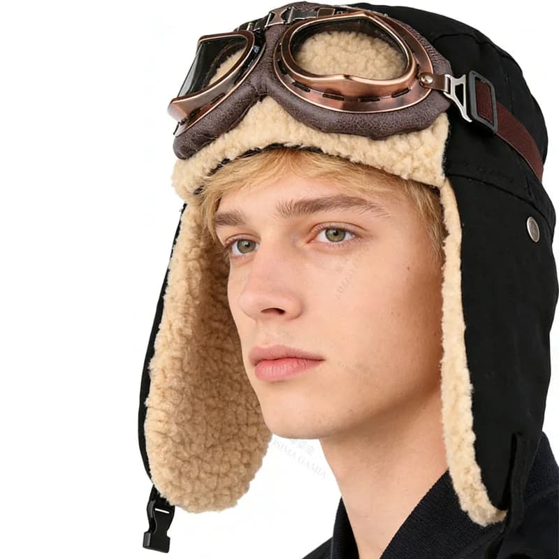 Cappello da Pilota con Occhiali per Sci Invernale, Berretto con Protezione per le Orecchie, Antivento, Caldo per Sci e Campeggio