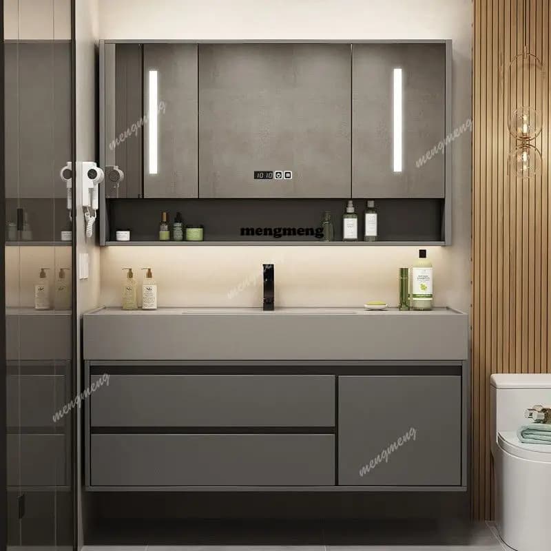 Mobile bagno intelligente con lavabo integrato in roccia, lavabo combinato, lavabo per il lavaggio del viso, mobile specchio con piano in roccia.