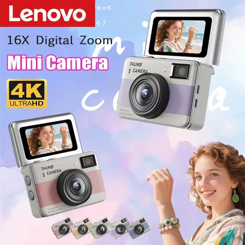 Fotocamera Lenovo 4K CCD HD, Mini Fotocamera One-Touch, Fotocamera Tascabile con Design a Coperchio Ribaltabile, Compagna Portatile Ideale per Studenti