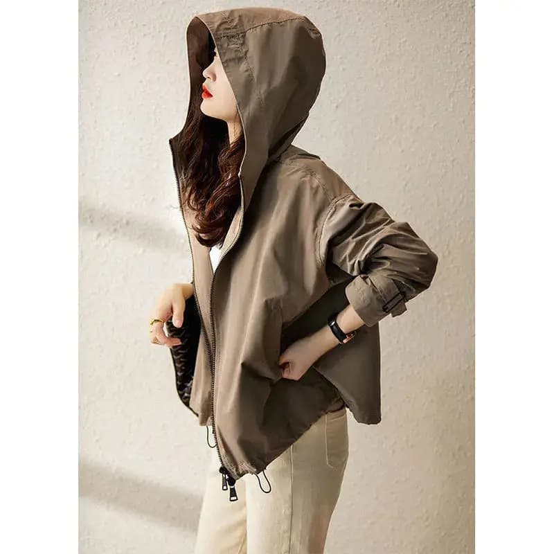 Fashionable Korean Style Zipper Hooded Coat Women's Loose Fit Spring New Arrival Elegant Long Sleeve Color Jacket