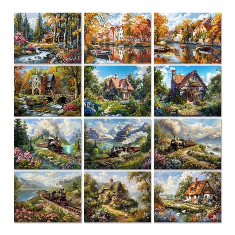 Painting By Numbers For Adults Train Forest Landscape Acrylic Paint Handmade Drawing By Numbers Wall Art Painting Deco 【frameles